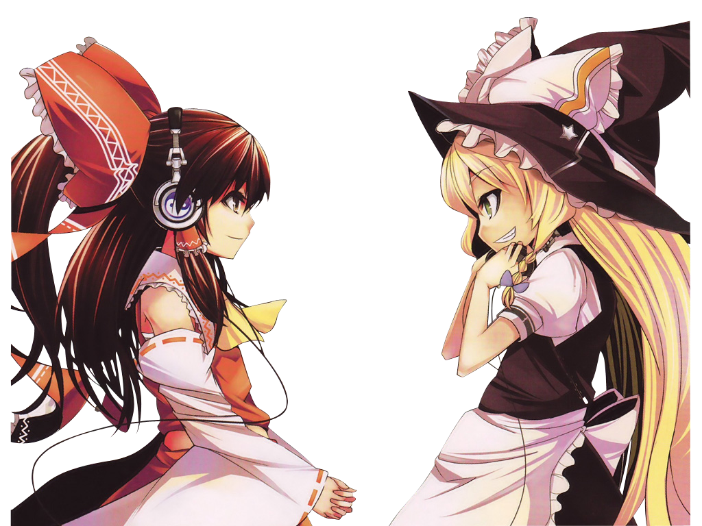 blonde_hair, bow, braid, brown_hair, detached_sleeves, dress, hair_bow, hakurei_reimu