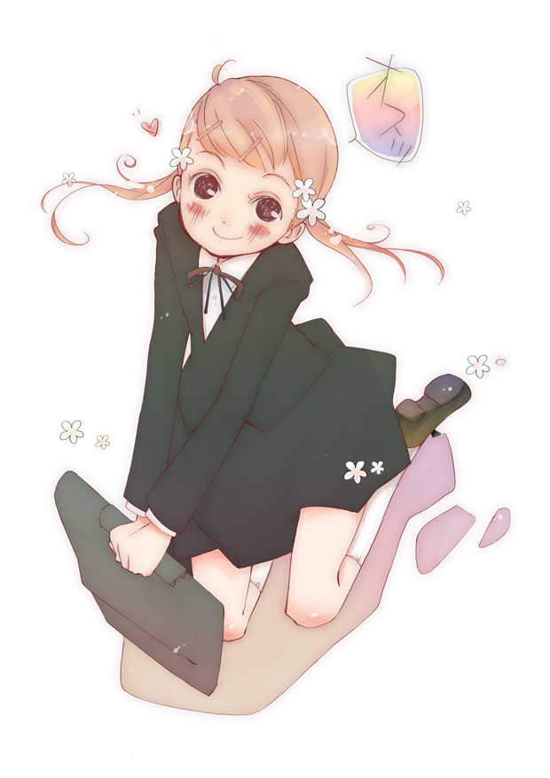 1girl, blazer, blush, brown_eyes, brown_hair, flower, green_shirt, green_skirt