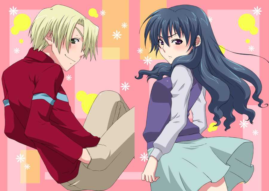 00s, 1boy, 1girl, black_hair, blonde_hair, floating_hair, hands_in_pockets, howard, kuroo_(project_apricot), long_hair, looking_back, menori, menori_visconti, mujin_wakusei_survive, no_legwear, reclining, short_hair, skirt