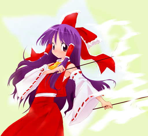 1girl, brown_eyes, detached_sleeves, dress, female, gohei, hair_ribbon, hair_tubes