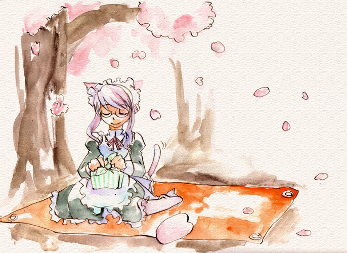 1girl, animal_ears, cat_ears, cat_tail, cherry_blossoms, closed_eyes, frills, glasses, hanami, kazuha_(pinktips.info), long_hair, maid, maid_headdress, obentou, original, pink_hair, puffy_sleeves, sitting, solo, tail, thigh-highs, tree