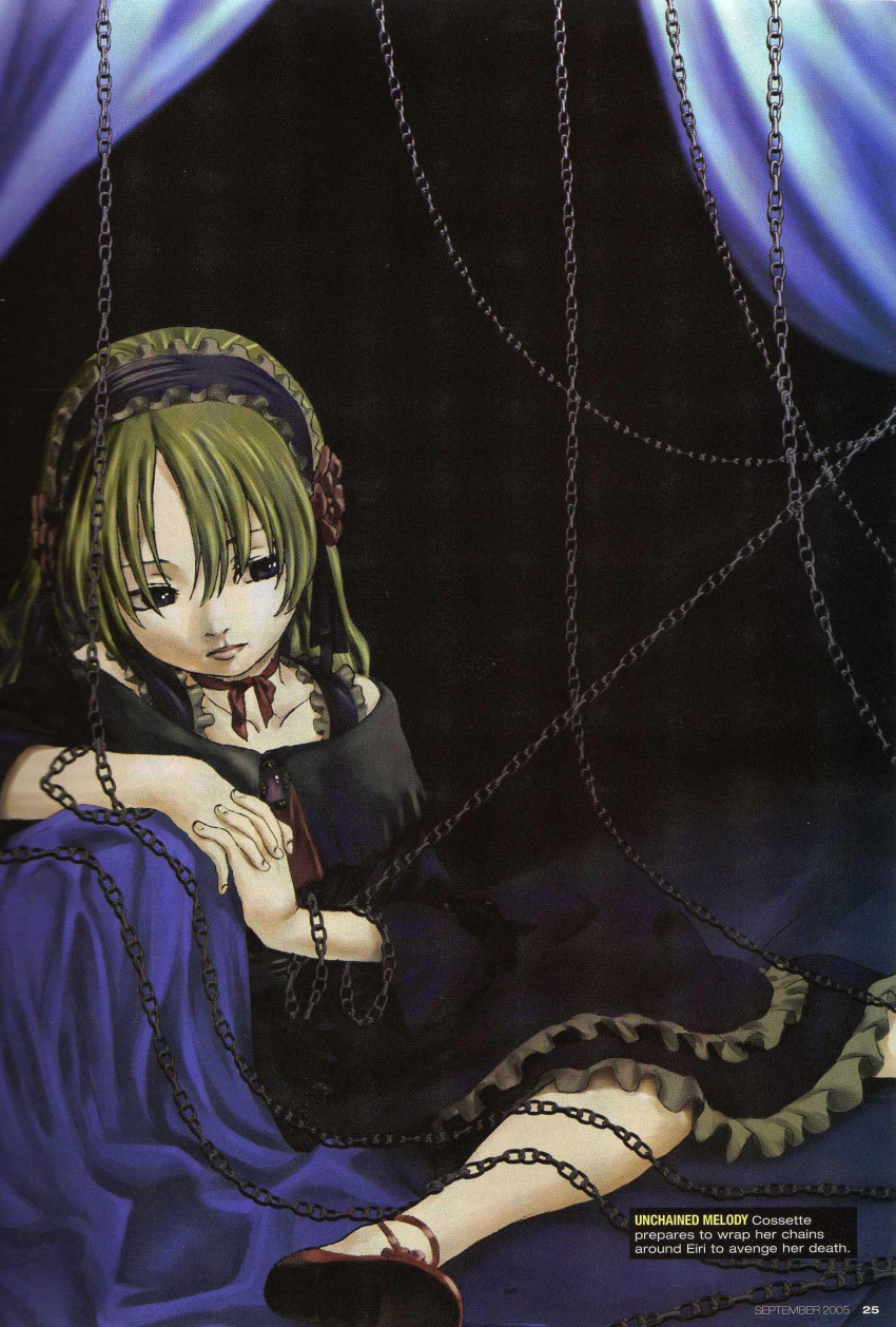 00s, 1girl, absurdres, bangs, black_background, blonde_hair, chains, cossette, cossette_d'auvergne, curtains, dress, gothic, gothic_lolita, hair_ornament, hairband, highres, le_portrait_de_petit_cossette, le_portrait_de_petite_cossette, lolita_fashion, lolita_hairband, official_art, petite_cossette, scan, solo