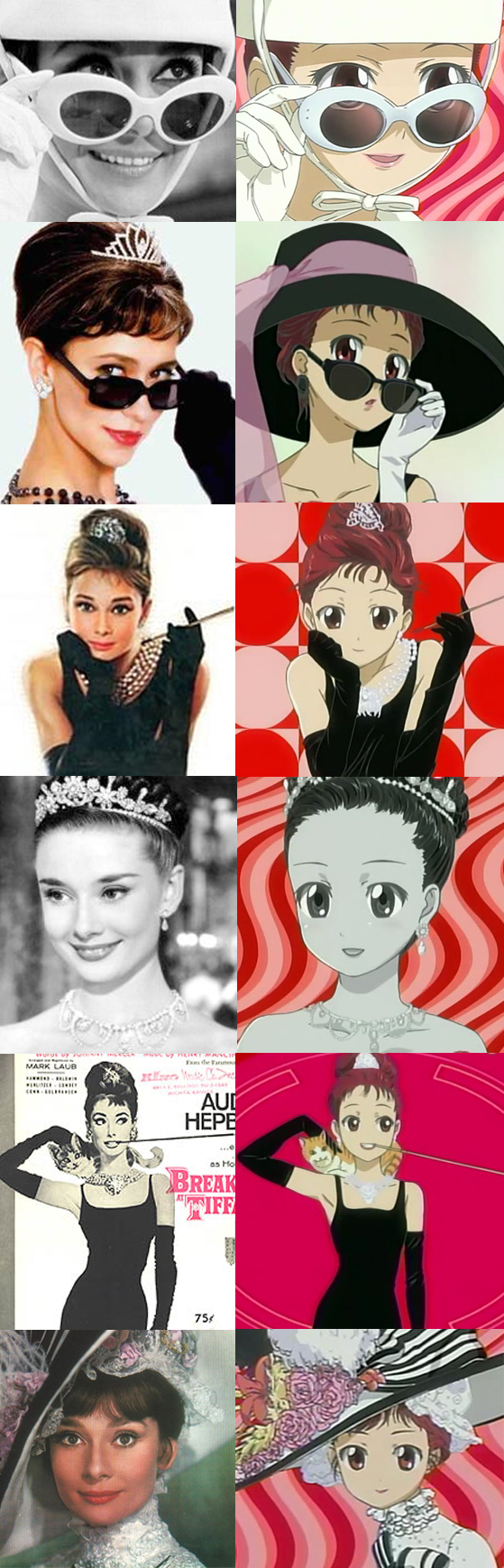 2girls, :d, adjusting_sunglasses, armpits, audrey_hepburn, bangs, bare_shoulders, beads