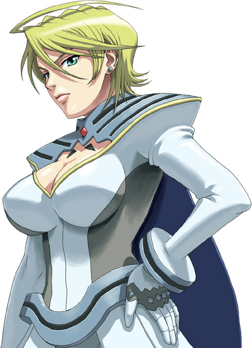 1girl, ahoge, blonde_hair, blue_eyes, breasts, cape, green_eyes, hand_on_hip