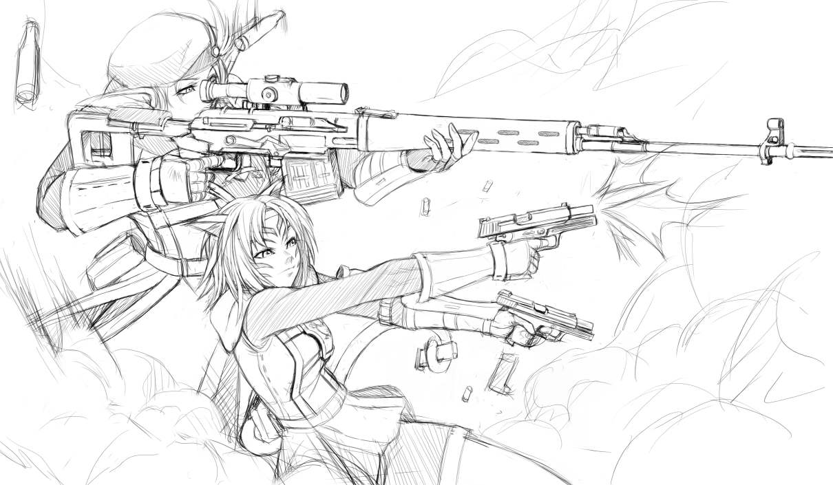 2girls, animal_ears, bullpup, casing_ejection, cat_ears, commando, doujinshi, dragunov_svd