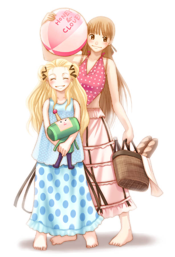 ball, barefoot, basket, beachball, blonde_hair, dress, hanamoto_hagumi, honey_and_clover