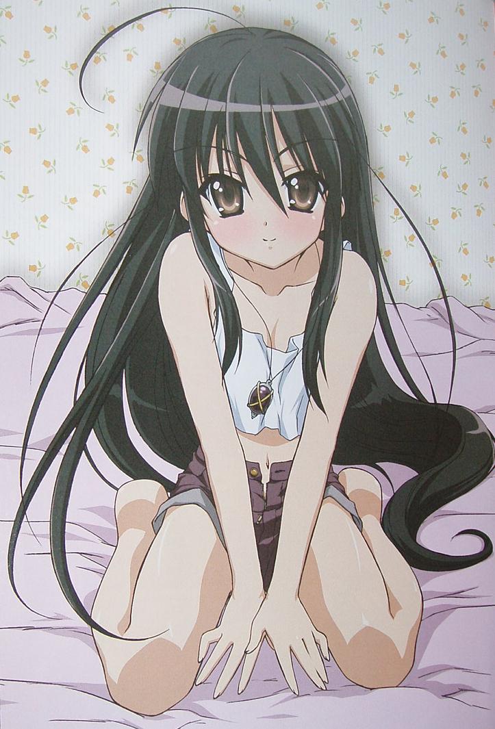 1girl, ahoge, alastor_(shakugan_no_shana), arm_support, bare_legs, bare_shoulders, barefoot, bed