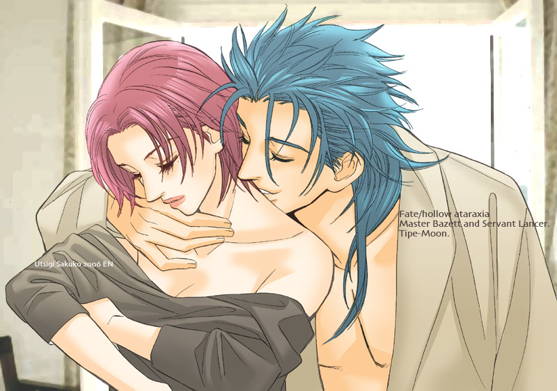 00s, 1boy, 1girl, 2006, bare_shoulders, bazett_fraga_mcremitz, character_name, en