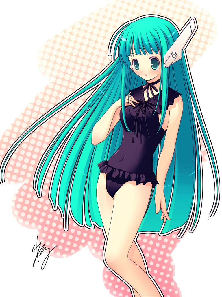 1girl, al_azif_(artist), aru_(abyssinia), blush, casual_one-piece_swimsuit, choker, frilled_swimsuit, frills