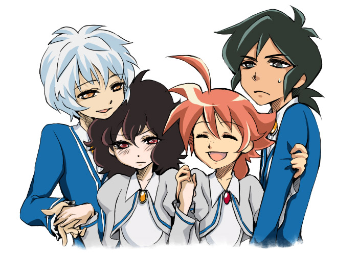 2girls, ahiru, ahoge, arm_holding, black_hair, closed_eyes, couple, fakir
