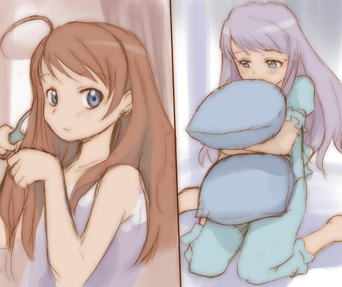 2girls, ahoge, arika_yumemiya, blue_eyes, blue_hair, brown_hair, earrings, hair_brush