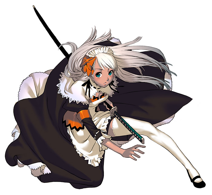1girl, aqua_eyes, battoujutsu_stance, blue_eyes, capelet, combat_maid, fighting_stance, high_heels