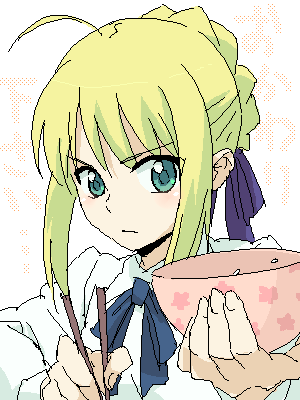 1girl, blonde_hair, blouse, bowl, chopsticks, fate/stay_night, fate_(series), foreshortening