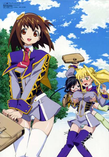 3girls, :d, :o, ahoge, arm_up, backpack, bag, black_hair