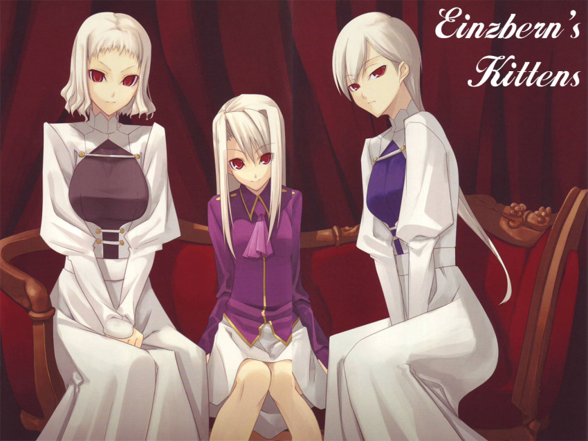 3girls, albino, couch, dress, fate/stay_night, fate_(series), illyasviel_von_einzbern, leysritt, long_hair, multiple_girls, no_hat, no_headwear, red_eyes, red_upholstery, sella, shingo_(missing_link), short_hair, sitting, skirt, smile, trio, wallpaper, white_hair