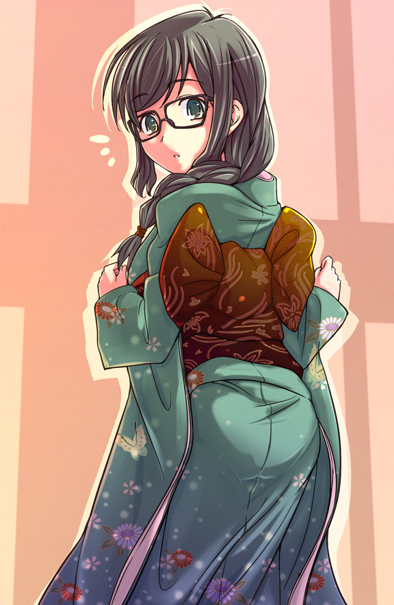 glasses, green_eyes, houzumi_kaede, japanese_clothes, kimono, looking_back, original