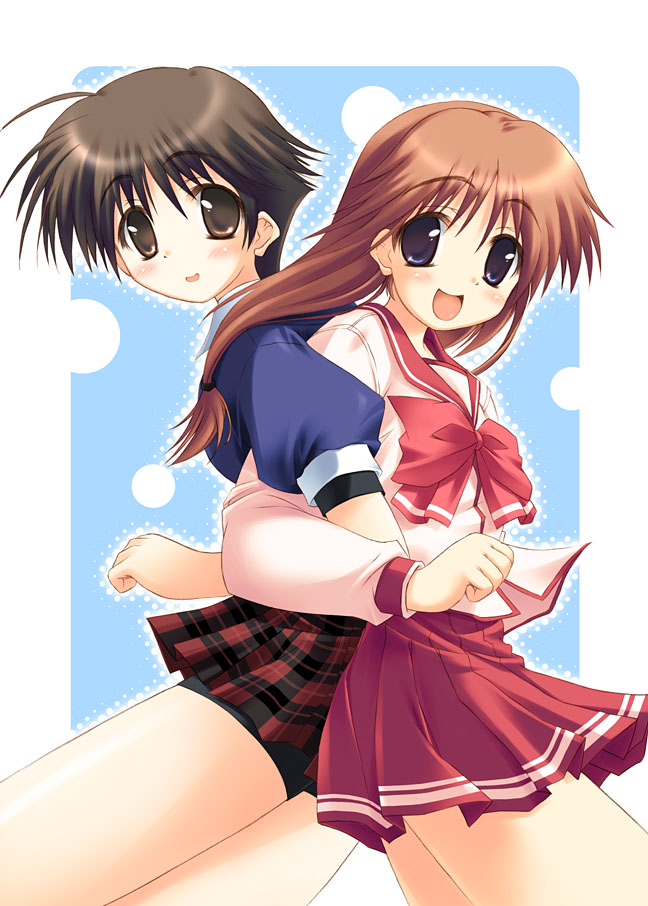 2girls, :d, ahoge, androgynous, back-to-back, bangs, bike_shorts, black_hair