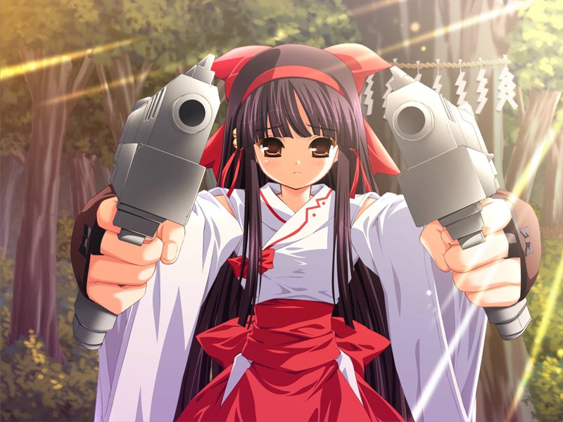 1girl, aiming_at_viewer, black_hair, blue_eyes, bow, dual_wielding, festa!!_hyper_girls_pop, fingerless_gloves