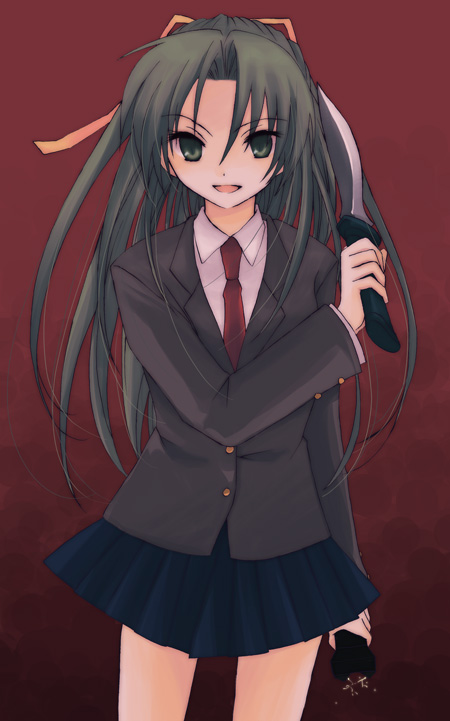 1girl, higurashi_no_naku_koro_ni, knife, shima_tokio, solo, sonozaki_shion, stun_gun, taser