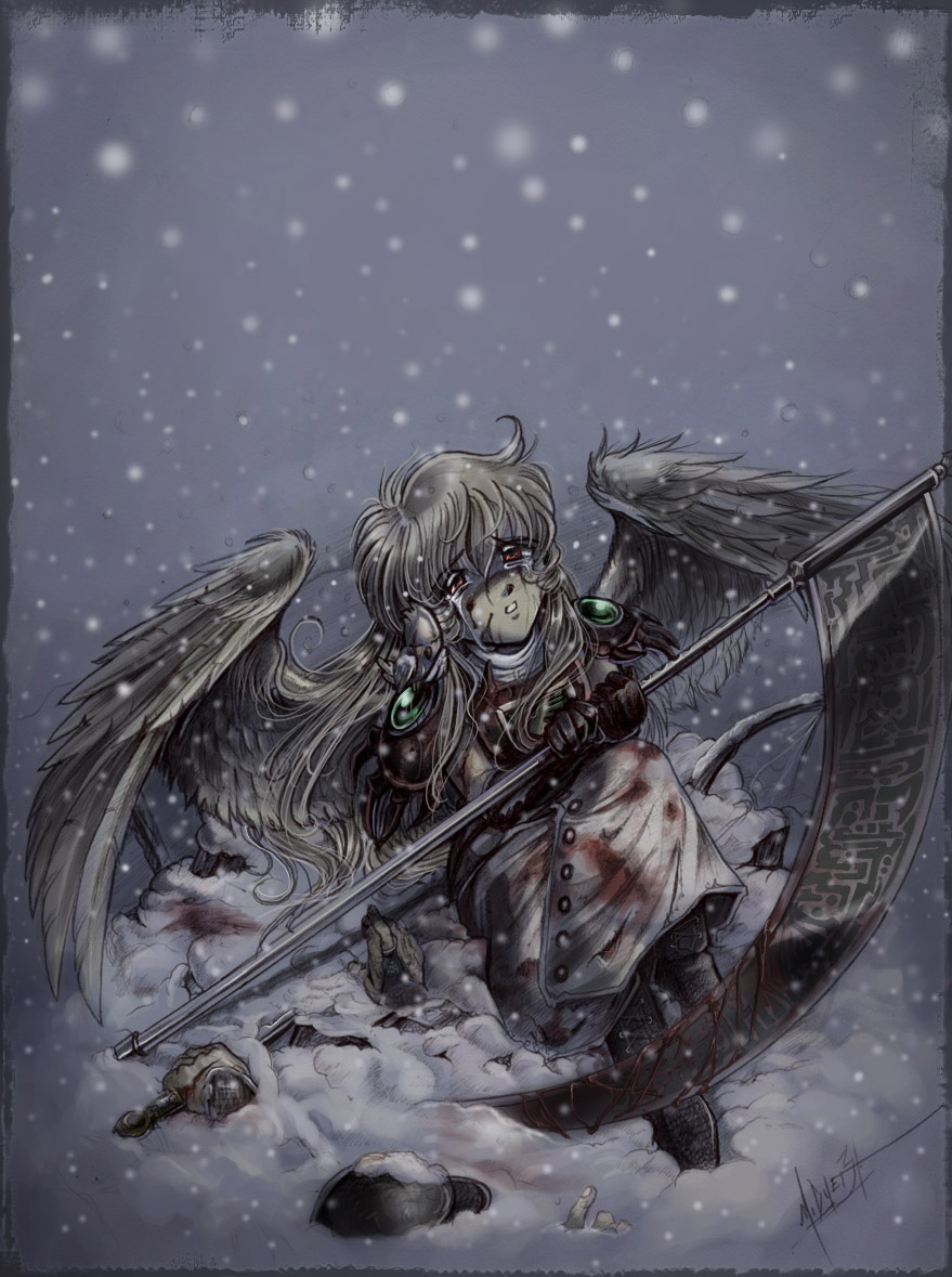 1girl, angel, blood, blood_on_face, boots, long_hair, mallory_dyer, ocarina_(violinist_of_hameln)