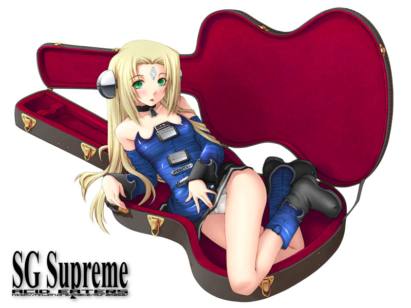 blouse, boots, collar, detached_sleeves, duplicate, gibson, guitar_girl, kazuma_muramasa