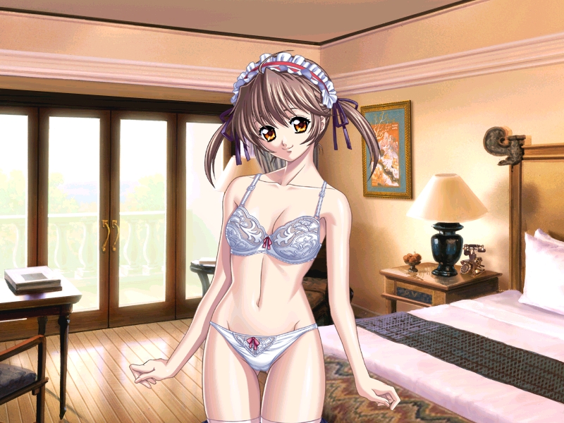 1girl, bow, bow_bra, bow_panties, bra, brown_hair, game_cg, headdress