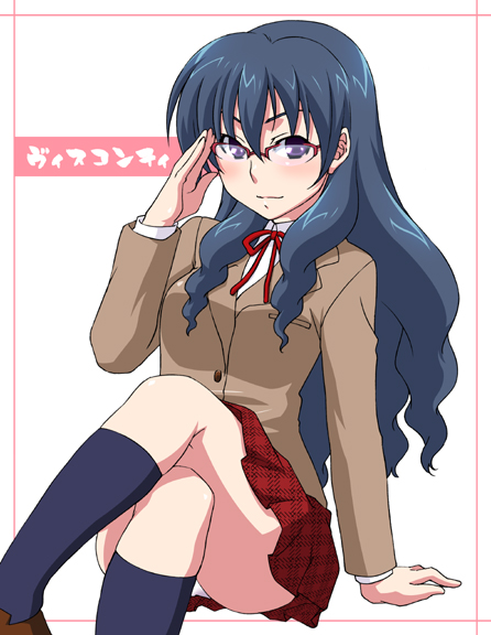 00s, 1girl, adjusting_glasses, arm_support, black_legwear, blazer, blouse, blue_hair