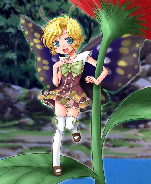 1boy, antennae, blonde_hair, blue_eyes, fairy, male_focus, mary_janes, minigirl, nature, outdoors, shimon, shimotsuma, shoes, solo, thigh-highs, trap, wings, yokoshima_tsumugi