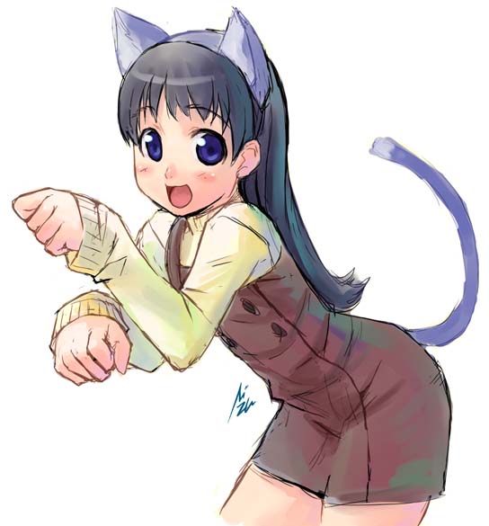 1girl, :d, animal_ears, black_hair, blue_eyes, cat_ears, cat_tail, fake_animal_ears