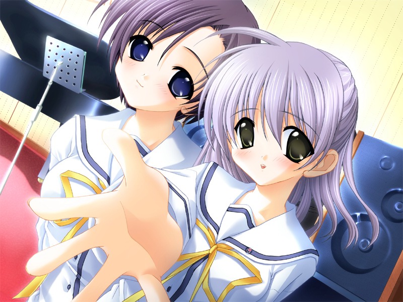 2girls, blue_eyes, blush, bow, da_capo, da_capo_i, dutch_angle, foreshortening, grey_eyes, long_hair, morikawa_tomoko, multiple_girls, outstretched_hand, purple_hair, ribbon, saeki_kanako, school_uniform, short_hair, smile, speaker