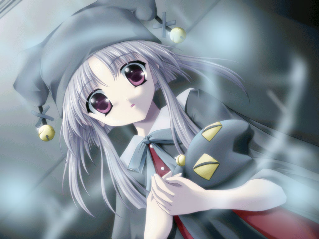 00s, 1girl, :o, bangs, bell, from_above, game_cg, grey_hair