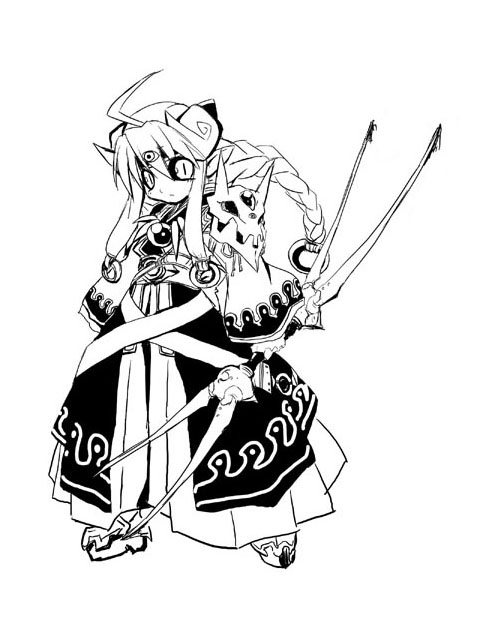 1girl, ahoge, belt, braid, dress, gem, long_hair, monochrome