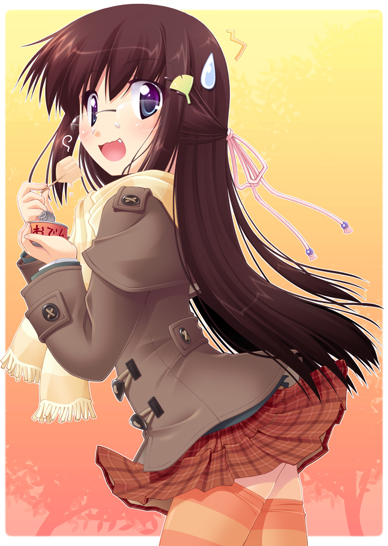 blush, eating, food, glasses, jacket, long_hair, original, scarf