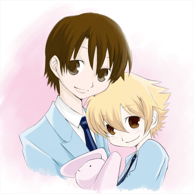 1boy, 1girl, :3, blazer, blonde_hair, brown_eyes, collared_shirt, face, fujioka_haruhi, hair_between_eyes, haninozuka_mitsukuni, katou_kouki, looking_at_viewer, necktie, ouran_high_school_host_club, pink_background, shirt, simple_background, smile, stuffed_animal, stuffed_bunny, stuffed_toy, upper_body, white_shirt