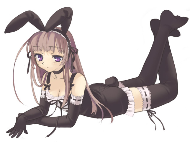 1girl, animal_ears, black, black_gloves, black_legwear, breasts, brown_hair, bunny_girl