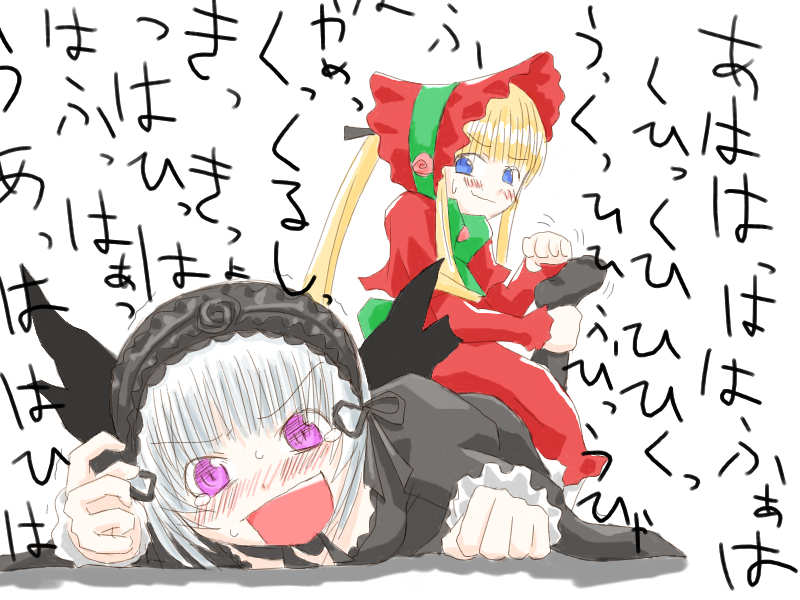 00s, ankle_lock, blonde_hair, blue_eyes, feet, foot_tickling, long_hair, rozen_maiden