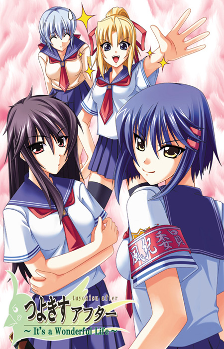 4girls, armband, black_hair, blonde_hair, blue_eyes, blue_hair, braid, closed_eyes