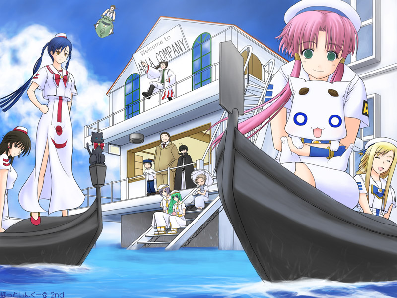 5boys, 6+girls, ^_^, aika_granzchesta, akira_ferrari, albert_pitt, alice_carroll, alicia_florence, ametsuchi_akino, anno_namihei, aria, aria_pokoteng, athena_glory, ayanokouji_udo_li, black_cat, black_hair, blonde_hair, blush, bow, box, cat, closed_eyes, dog, dress, everyone, flying, formal, green_eyes, green_hair, hime_granzchesta, hotincool, izumo_akatsuki, izumo_arata, long_hair, mizunashi_akari, multiple_boys, multiple_girls, old_man, old_woman, pink_hair, short_hair, side_slit, sign, smile, stairs, suit, umbrella, vehicle, water
