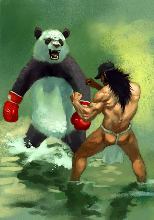 1boy, angry, animal, baseball_cap, battle, bear, black_hair, boxing, boxing_gloves, denchi, fighting_stance, fundoshi, giant_panda, hat, long_hair, male_focus, manly, muscle, panda, solo, water, what