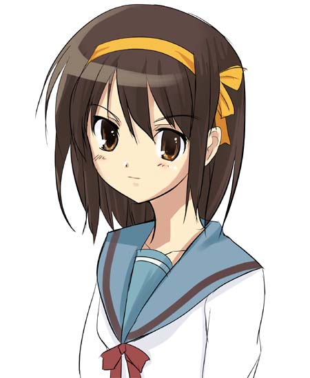 1girl, brown_hair, school_uniform, serafuku, short_hair, solo, suzumiya_haruhi, suzumiya_haruhi_no_yuuutsu