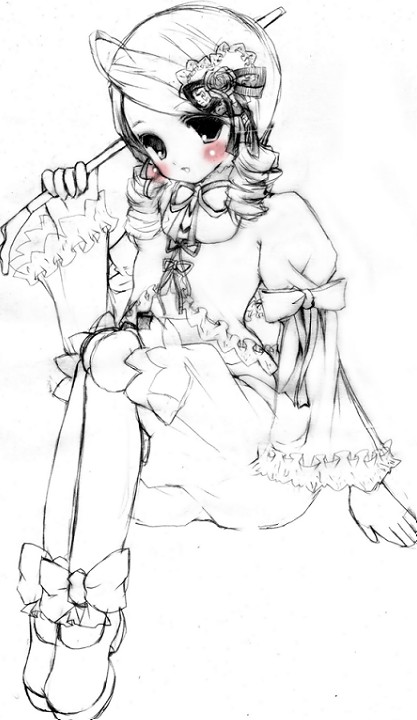 00s, 1girl, blush, kanaria, monochrome, niwaka_yuan, rozen_maiden, sitting