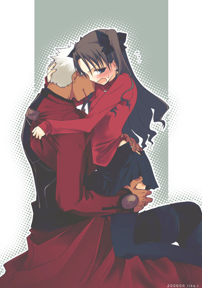 1boy, 1girl, archer, black_hair, blush, dark_skin, dark_skinned_male, fate/stay_night, fate_(series), height_difference, hug, long_hair, long_sleeves, open_mouth, riku_r, short_hair, skirt, smile, thigh-highs, tohsaka_rin, turtleneck, two_side_up, white_hair
