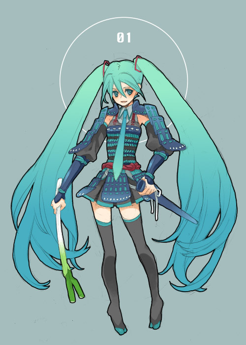 armor, detached_sleeves, gradient_hair, hatsune_miku, long_hair, multicolored_hair, necktie, ogura_(pixiv97931)