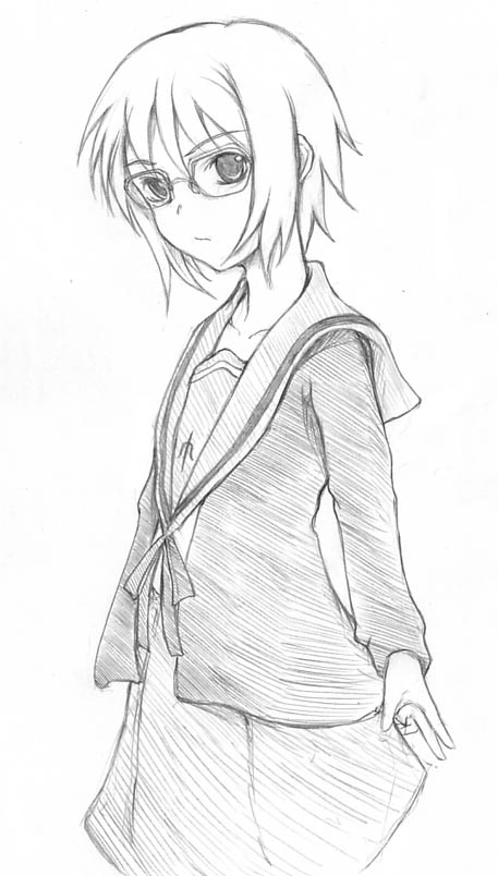 1girl, akenoin, akenoin_soumon, cardigan, glasses, monochrome, nagato_yuki, school_uniform