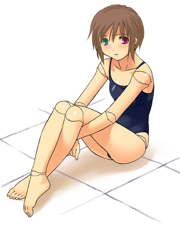 00s, barefoot, boku, brown_hair, doll_joints, heterochromia, one-piece_swimsuit, rozen_maiden
