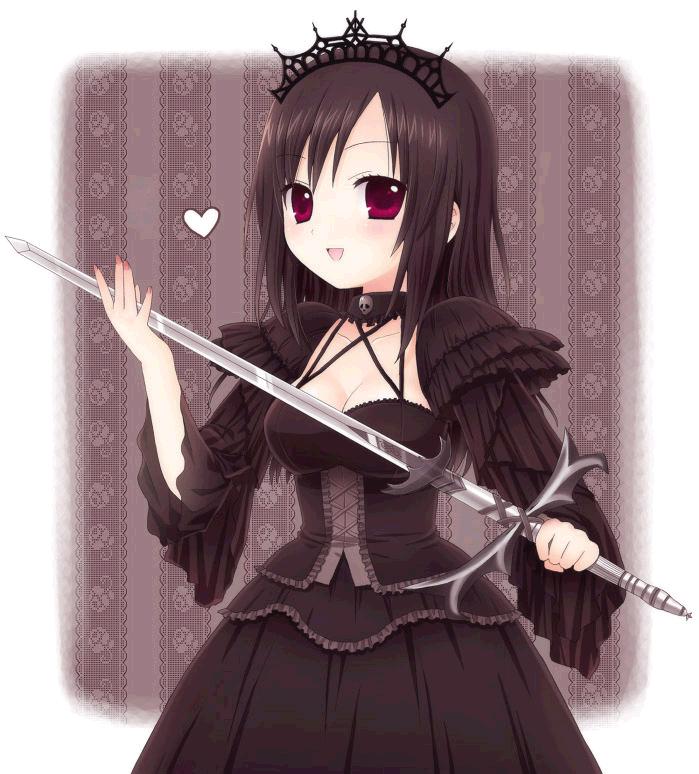 1girl, black_dress, brown_hair, corset, dress, gothic, gown, long_hair
