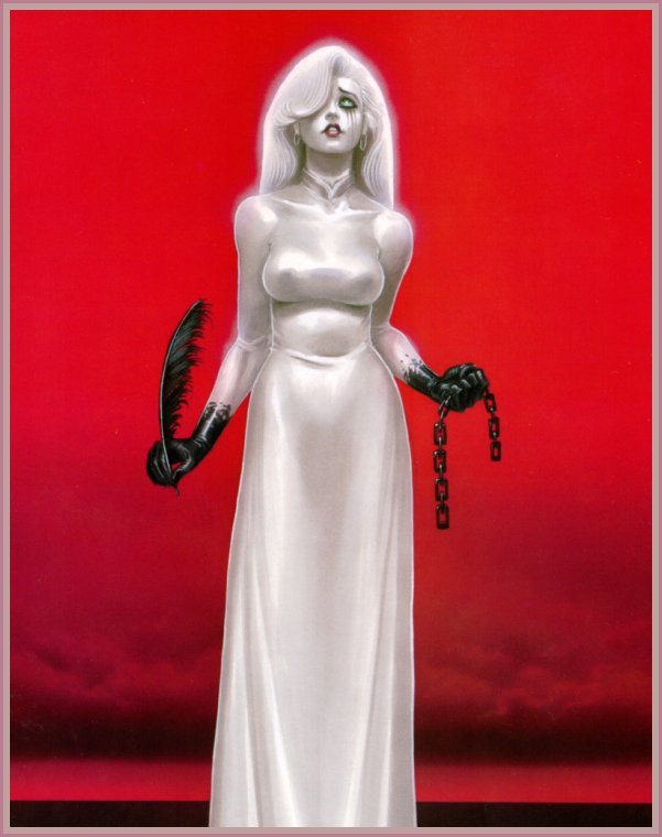 1girl, chains, clouds, dawn, dawn_(comics), dawn_(copyright), dress, earrings, facial_mark, feathers, green_eyes, hair_over_one_eye, hoop_earrings, ink, jewelry, joe_linsner, lipstick, makeup, original, quill, sky, solo, white_hair
