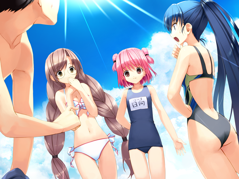 bikini, braid, competition_swimsuit, game_cg, glasses, hinata_asahi, hinata_yuuhi, itsuki_aoba