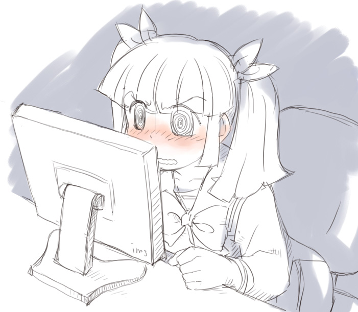1girl, blush, chair, clenched_hand, computer, full-face_blush, hair_ribbon, internet, monitor, monochrome, pani_poni_dash!, ribbon, sketch, solo, spot_color, suzuki_sayaka