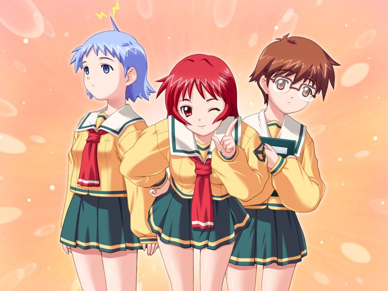 3girls, aihara_mizuho, antennae, bent_over, denpa, glasses, hand_on_hip, hips